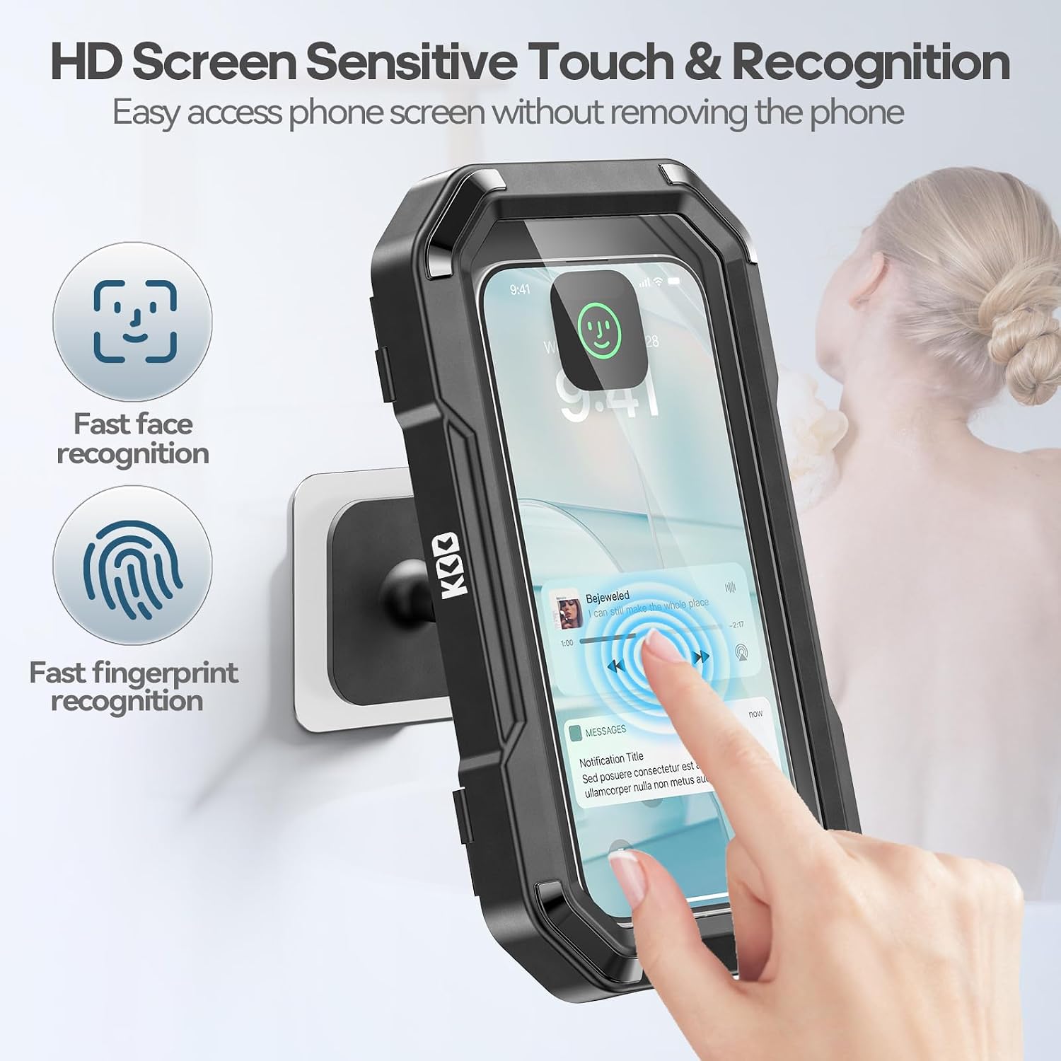 Shower Phone Holder Waterproof - 360° Rotation Detachable Phone Case, Fully Enclosed High Touch Sensitive Design Wall Phone Mount Stand, Bathroom Mirror Bathtub Accessories for 4-6.7” Cellphones