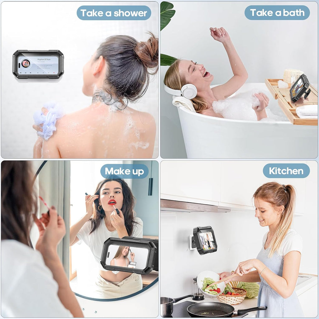 Shower Phone Holder Waterproof - 360° Rotation Detachable Phone Case, Fully Enclosed High Touch Sensitive Design Wall Phone Mount Stand, Bathroom Mirror Bathtub Accessories for 4-6.7” Cellphones